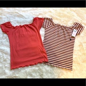Coral And Striped Off The Shoulder Ruffle Tee